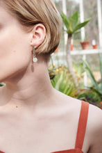 Sustainable Dot earrings. Minimalistic one long square silver sheet with a dangling circle. All handmade in Scandinavia