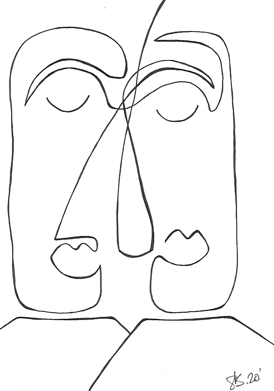 cubistic line drawing of two people. danish art